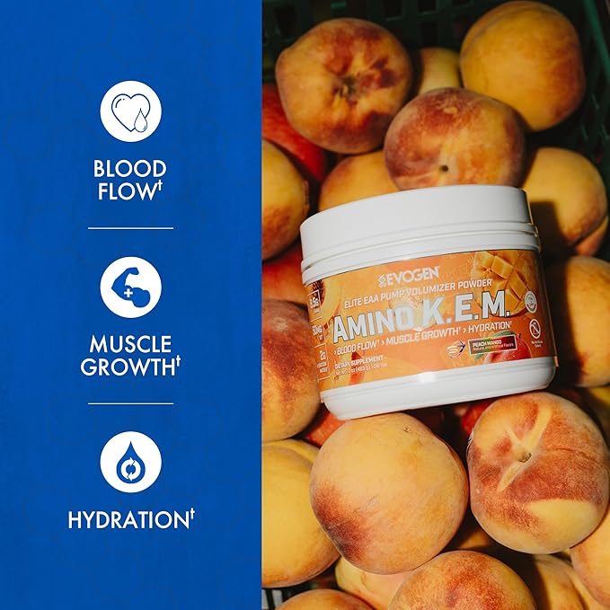 Evogen Amino K.E.M. - EAA & BCAA Powder Pump Volumizer | BCAAs Amino Acids Supplement for Blood Flow, Muscle Growth, & Hydration | Peach Mango | 30 Servings
