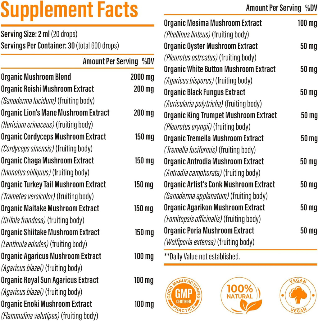 Liposomal Mushroom Complex Drops 2000 MG - 20 Organic Mushroom Extracts - Advanced Liquid Formula for Immunity, Cognitive and Memory - Lions Mane Supplement, Reishi, Cordyceps, Chaga, 120 Servings