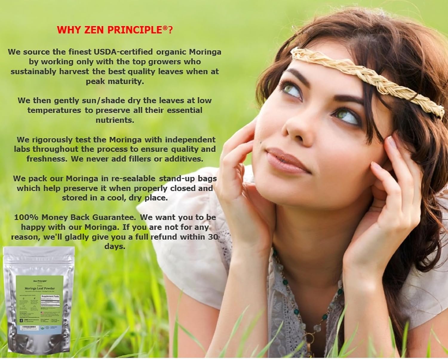 Zen Principle 2-Pack Premium Organic Moringa Oleifera Leaf Powder. USDA Certified Organic.