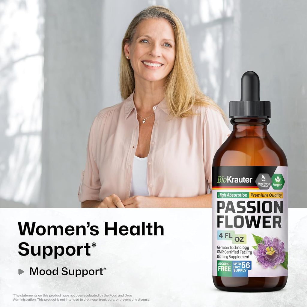 BIO KRAUTER Passionflower Tincture - Vegan Passion Flower Extract for Mood Support - Alcohol and Sugar Free - 4 Fl.Oz.