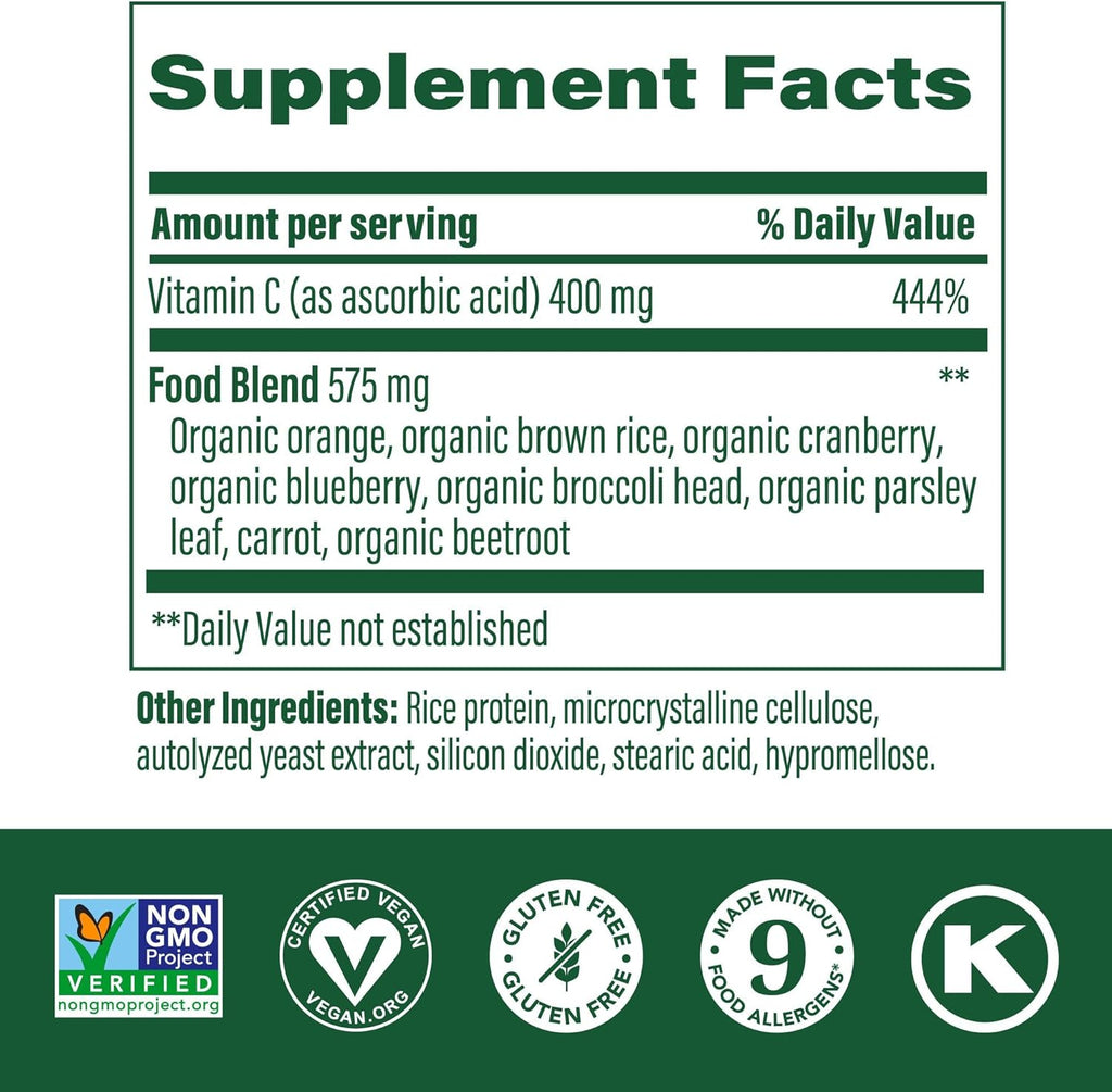 MegaFood Ultra C 400 mg - Vegan Immune Support Supplement with Vitamin C, Made with Real Food Including Broccoli, Carrot, Cranberry & Brown Rice, Gluten-Free, Kosher - 90 Tablets, 90 Servings