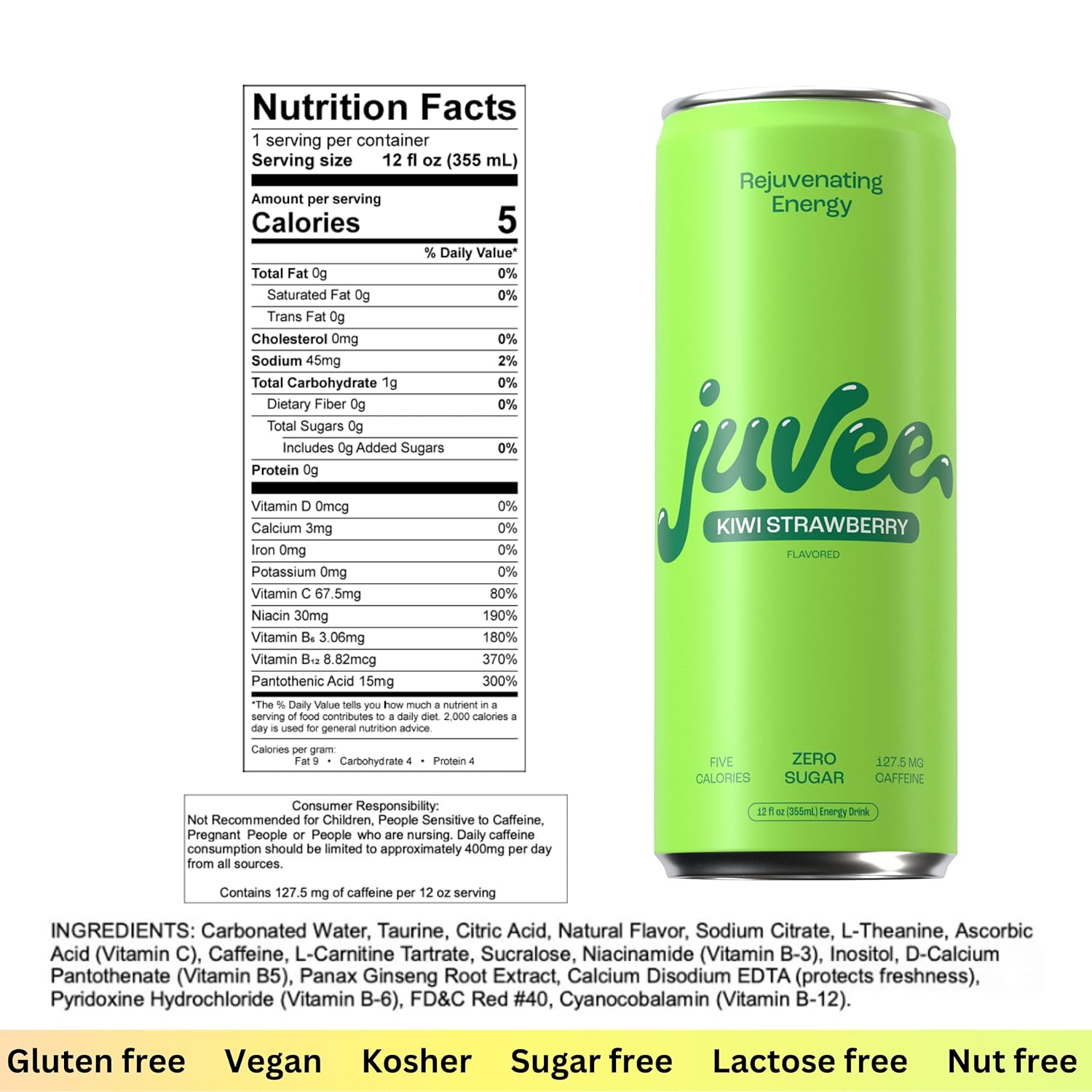 Juvee Energy Drink 0 Sugar 5 Calories (Pack of 12) (KIWI STRAWBERRY)