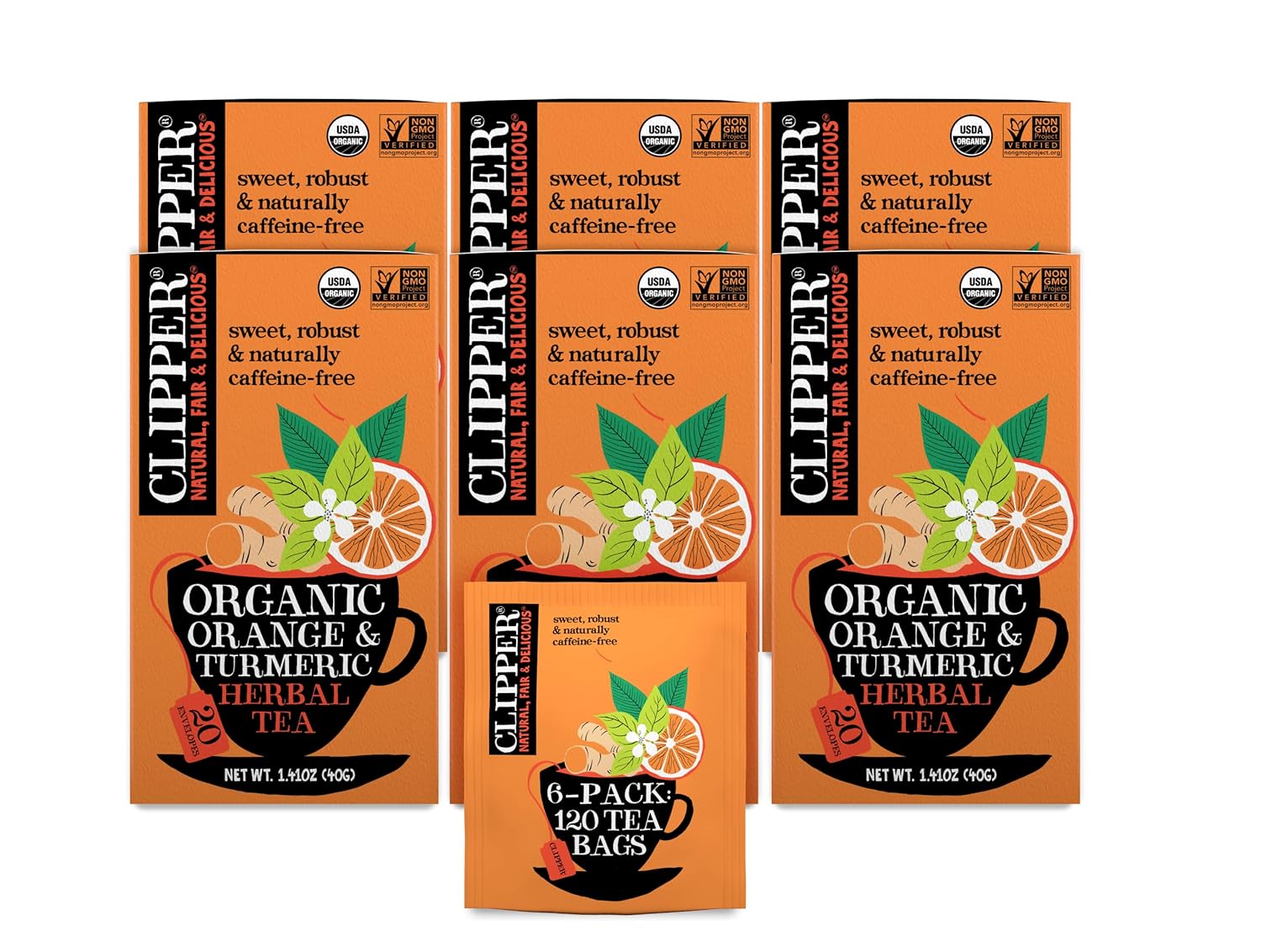 Clipper Tea, Orange & Turmeric, Organic Tea with Licorice Root, Orange Peel and Hibiscus, Plant Based Herbal Tea, Caffeine Free British Tea, 6 Pack, 120 Unbleached Tea Bags