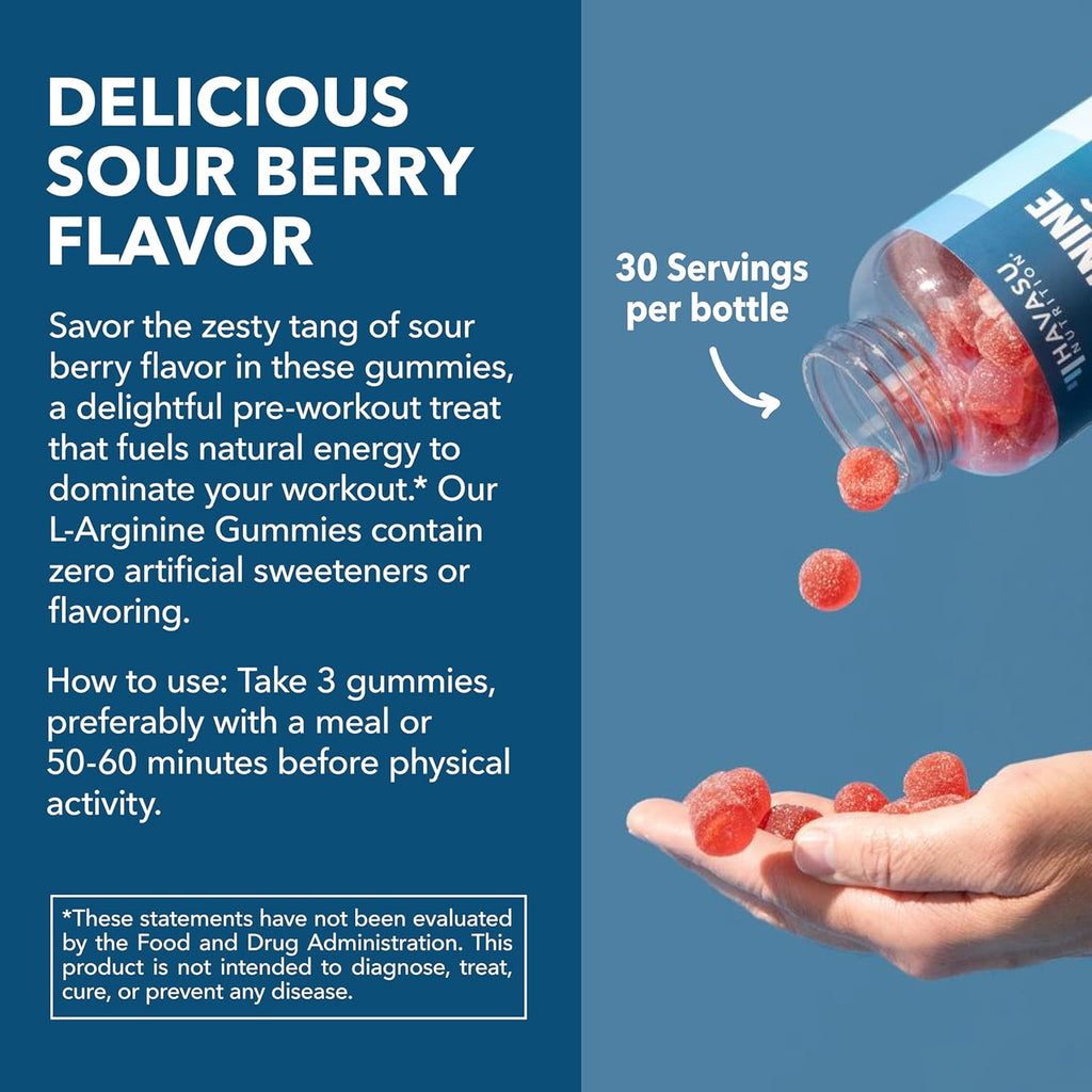 L-Arginine Gummies with L-Citrulline and Beet Root - Nitric Oxide Supplement - 90 Count - Energy, Endurance, and Recovery Support - Vegan, Non-GMO - Energizing Sour Berry Flavor, 30-Day Serving