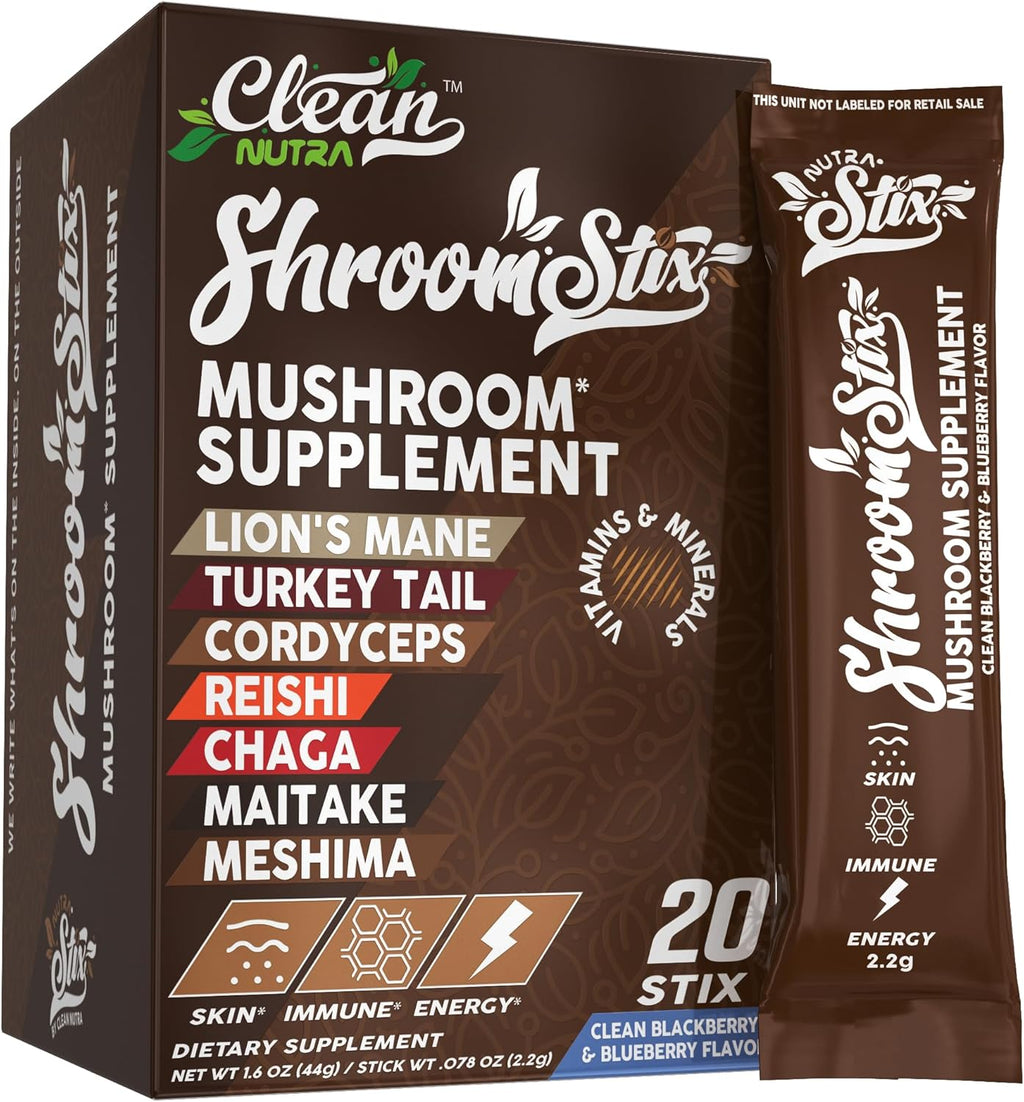 Clean Nutraceuticals Lions Mane 24in1 Mushroom Supplement with Turkey Tail Reishi Cordyceps Chaga Maitake Shiitake Enoki Oyster Porcini Tremella – 20 Easy to Take Shroom Stix