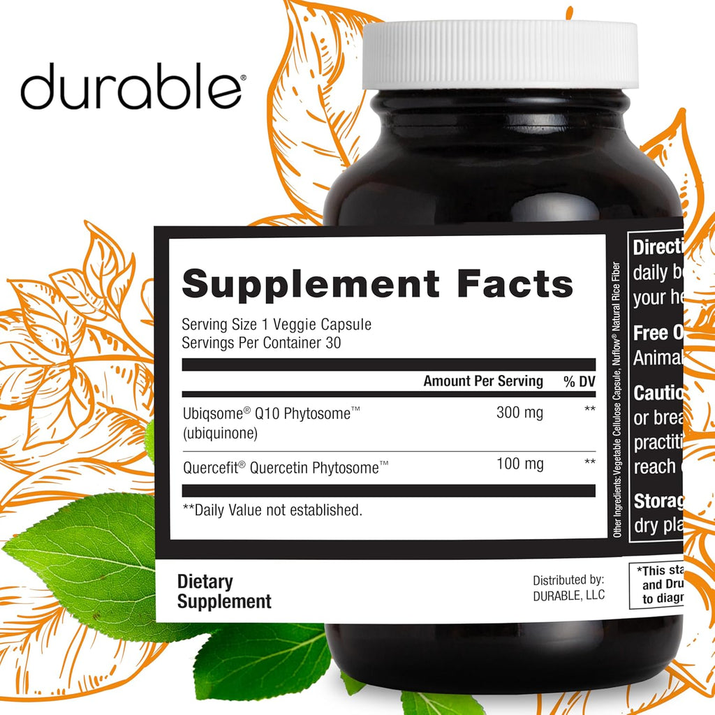 Durable CoQ10 – 300 mg Ubiqsome® CoQ10 Phytosome with 9X Better Absorption, One Per Day Antioxidant for Heart Health, Doctor-Formulated, Made in USA - 30 Day Supply (30 Capsules).