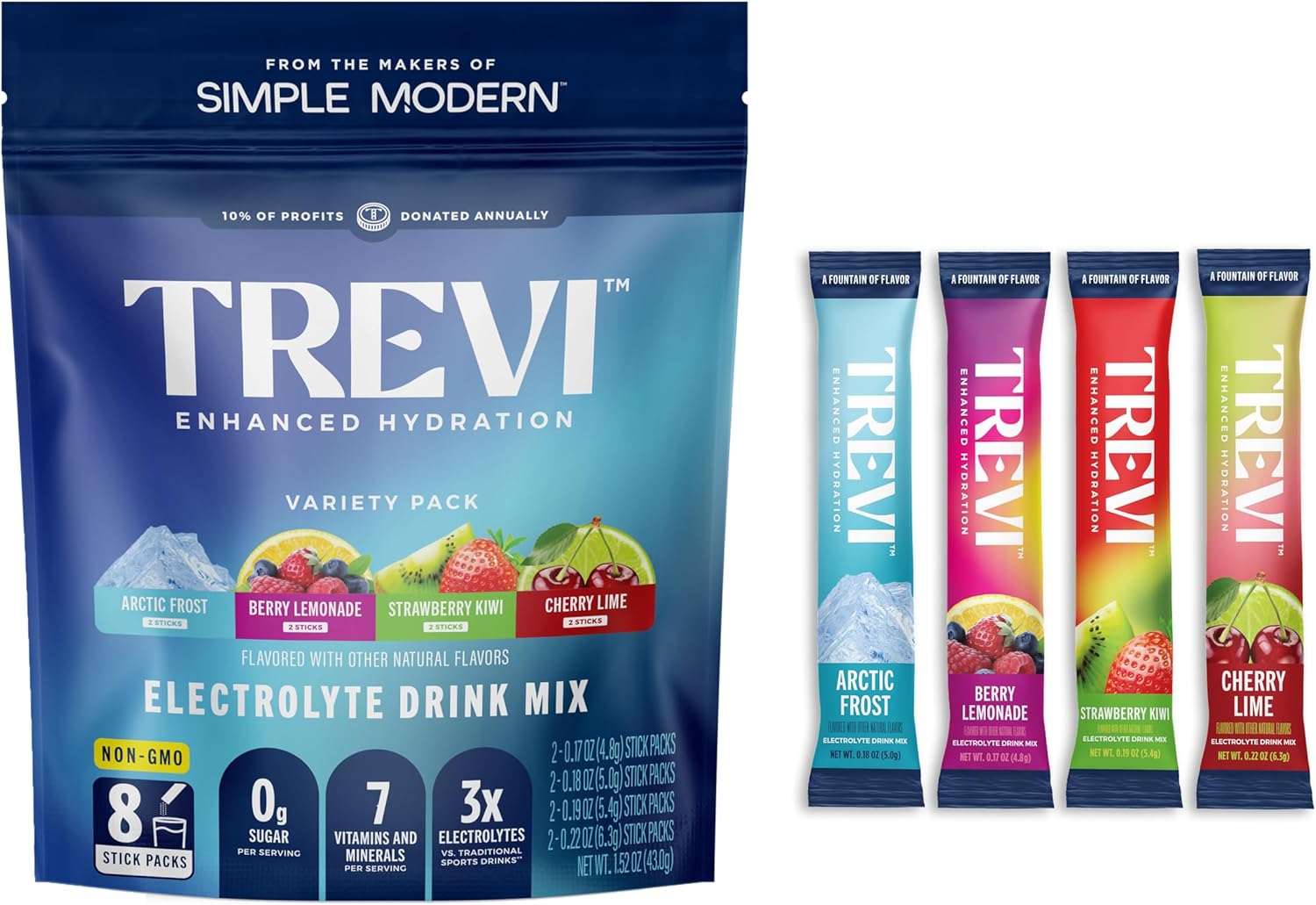 TREVI™ Sugar Free Electrolytes - Drink Mix Hydration Powder Packets - 8 Count - Favorites Variety Sample Pack - Cherry Lime, Strawberry Kiwi, Berry Lemonade, Arctic Frost