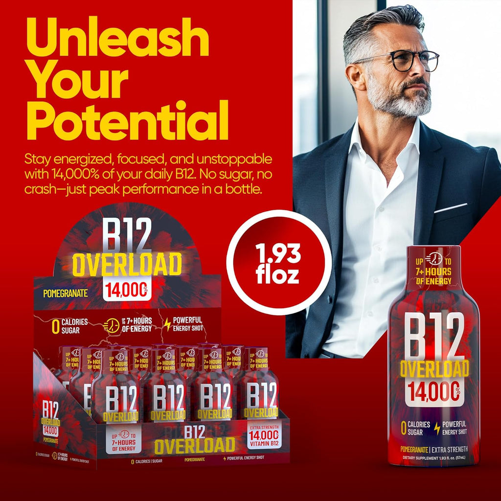 B12 Overload Extra Strength Energy Shot – Pomegranate – 260mg Caffeine, 14000% B12, Electrolytes – Energy & Vitality Support – Zero Sugar No Calories – Vegan, Kosher, Gluten-Free – 1.93 fl oz, 8-Pack
