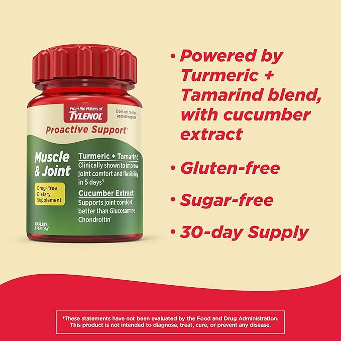 Tylenol Proactive Support* Muscle & Joint Supplement, Drug-Free Daily Turmeric Supplement + Tamarind + Cucumber Extract, Improves Joint Comfort & Flexibility in 5 Days*, 30 ct (Pack of 2)