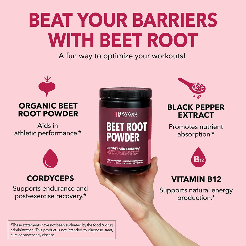 Organic Beet Root Powder with Vitamin B12 & Coryceps - Nitric Oxide Supplement - Beetroot Powder for Energy & Post Workout Recovery - Mix with Water or Smoothies, Cherry Berry Flavor - 30 Servings