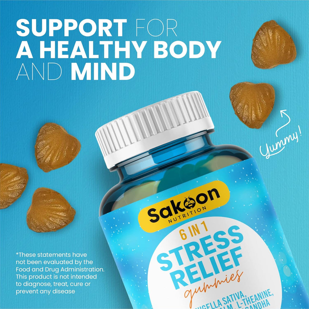 6-in-1 Stress Relief Gummies 60ct - Aids Relaxation with Ashwagandha, GABA, L-theanine, Lemon Balm, Chamomile, Black Cumin Seed Nigella Sativa. Improved Deep Sleep, Joint Support - 60 gummies