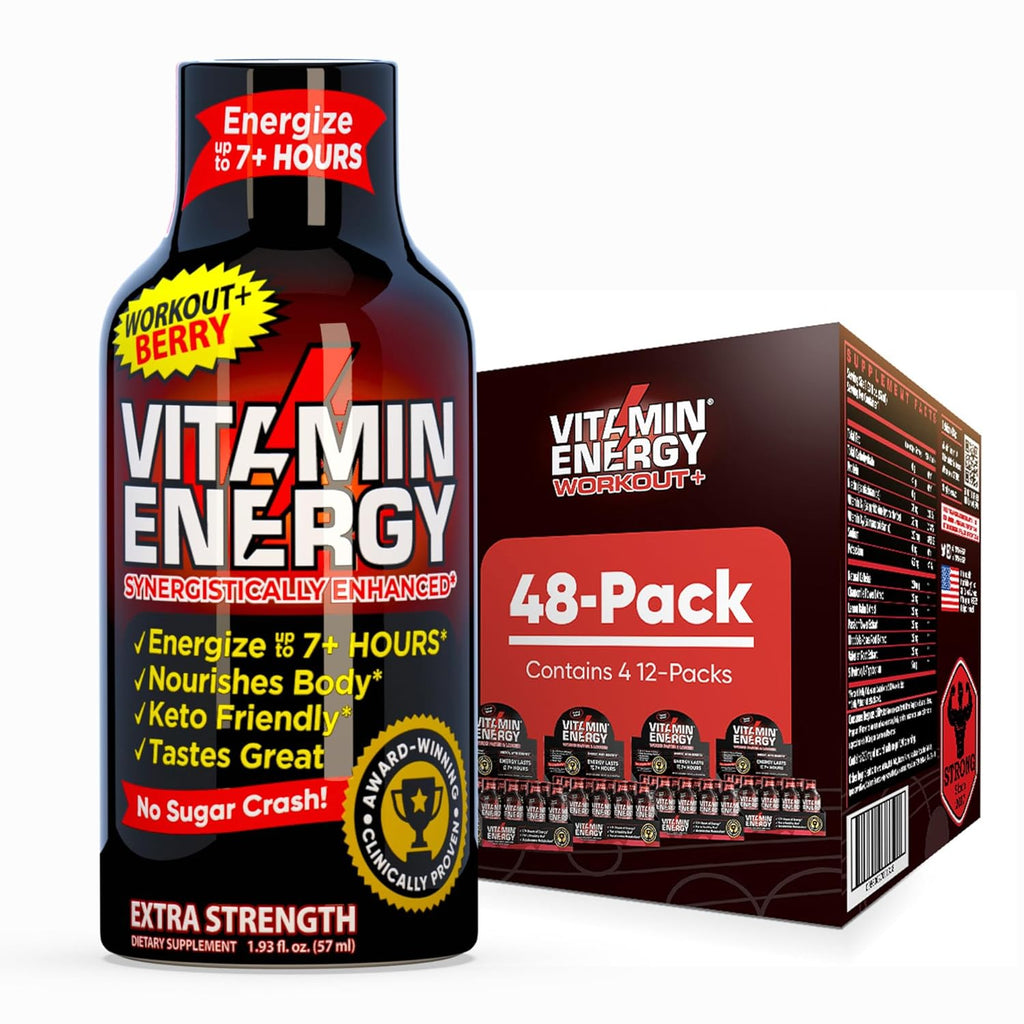 Vitamin Energy Workout+ Extra Strength Energy Shot Berry 48 Pack, 260mg Natural Caffeine, Pre-Workout, B-Vitamins, Minerals, Endurance & Performance, Zero Sugar, Gluten-Free, Vegan, 1.93 fl oz
