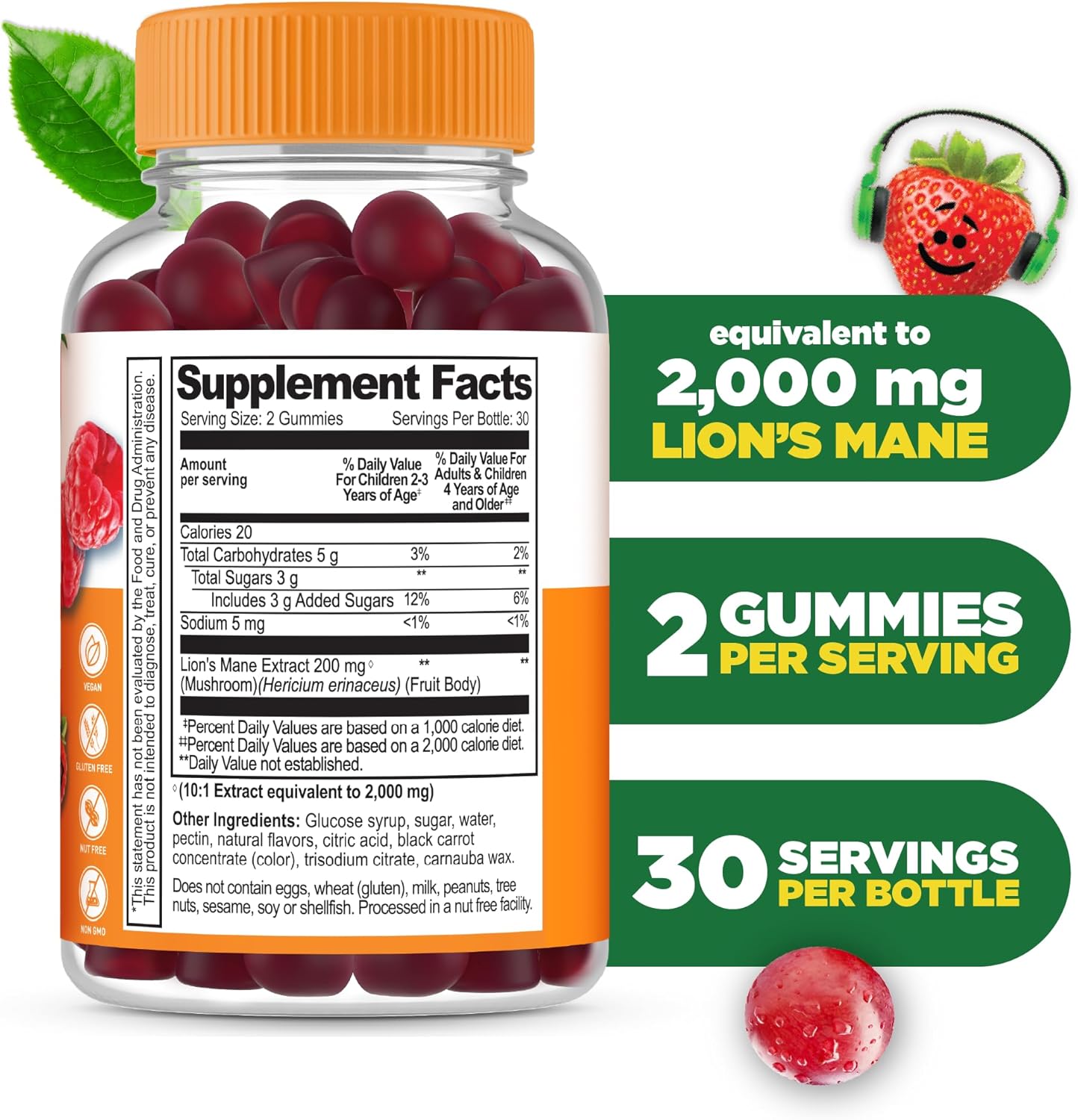 Lifeable Lions Mane Gummies for Kids | Great Tasting Lions Mane Mushroom Supplement | Vegan, Kosher, Non-GMO Kids Mushroom Gummies | Brain Support | 60 Count