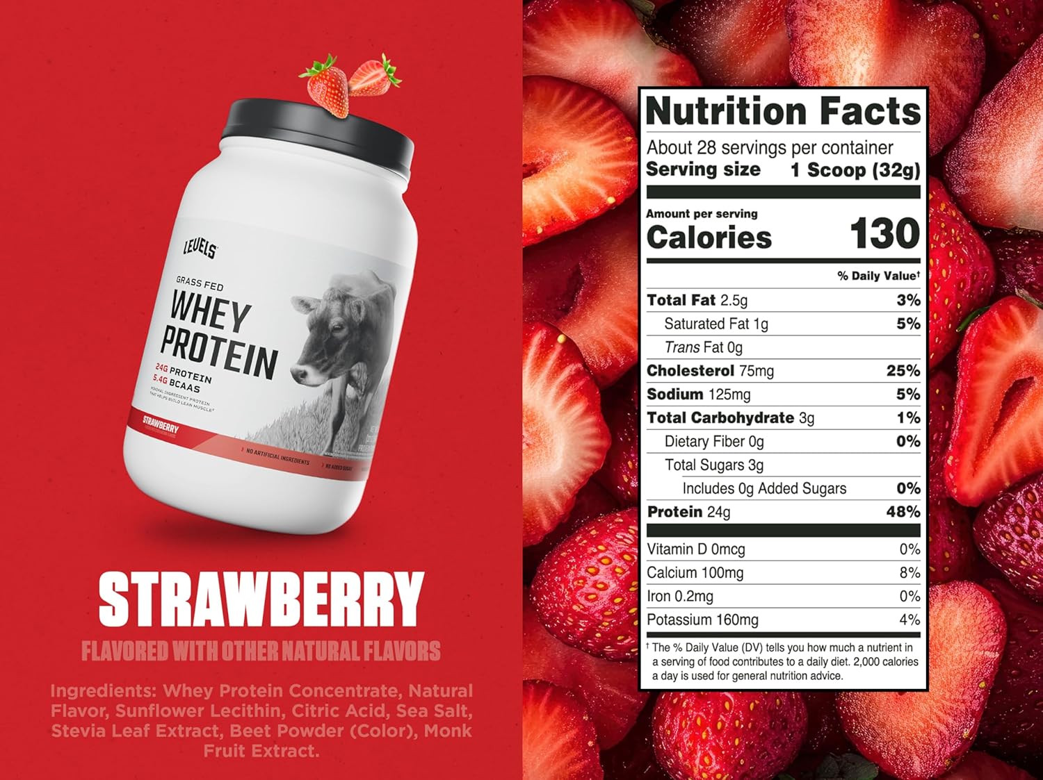 Levels Grass Fed Whey Protein Powder, No Artificials, 24G of Protein, Strawberry, 2LB