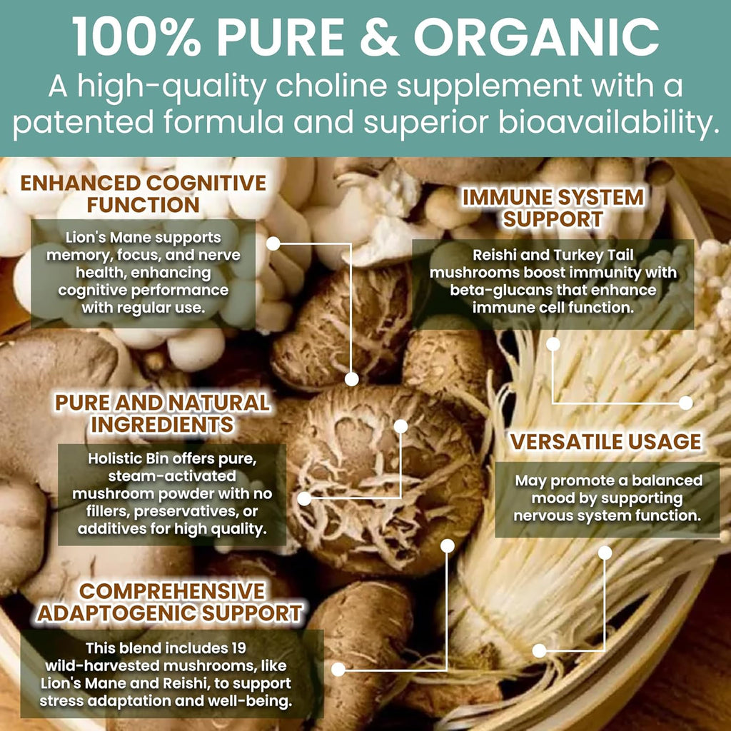 Holistic Bin Mushroom Blend Powder – 19 Wild Harvested Varieties (Lion's Mane, Reishi, Enoki, Mesima, Turkey Tail, Cordyceps, & More) – Adaptogenic Mushrooms – Made in The USA – 50 Grams