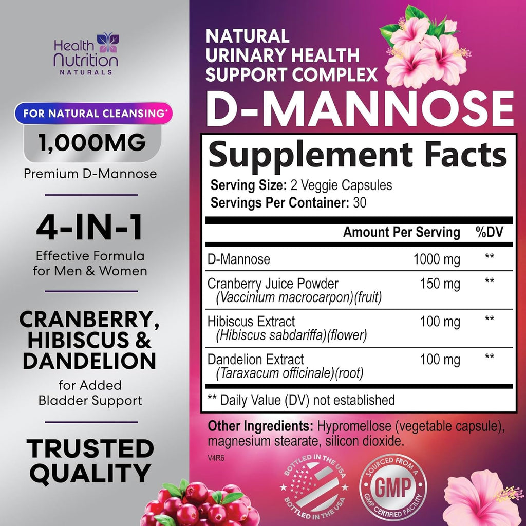 D-Mannose Supplement 1,350mg - with Cranberry, Hibiscus & Dandelion - Fast-Acting, Natural Urinary Tract & Bladder Support for Women & Men – Flush & Cleanse Impurities – Non-GMO, Vegan – 60 Capsules