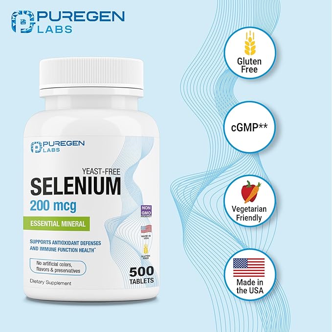 Puregen Labs Selenium 200 mcg Yeast Free Essential Mineral - 500 Vegetarian Tablets | Immune & Antioxidant Support | Non-GMO, Gluten Free