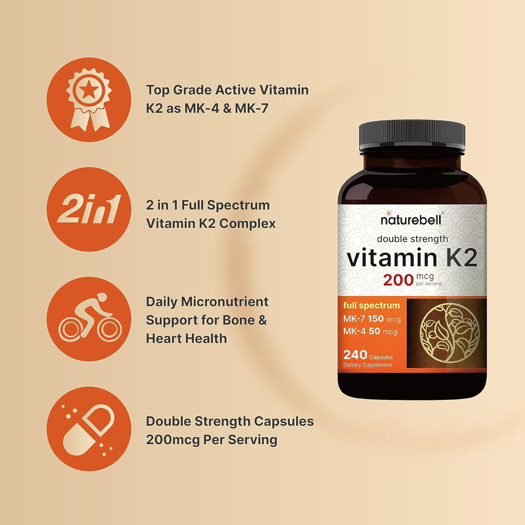 NatureBell Full Spectrum Vitamin K2 Supplement with MK-7 & MK-4, 200 mcg, 240 Capsules | 2 in 1 Formula, K Vitamins Complex – Supports Bone, Joint, and Heart Health – Non-GMO