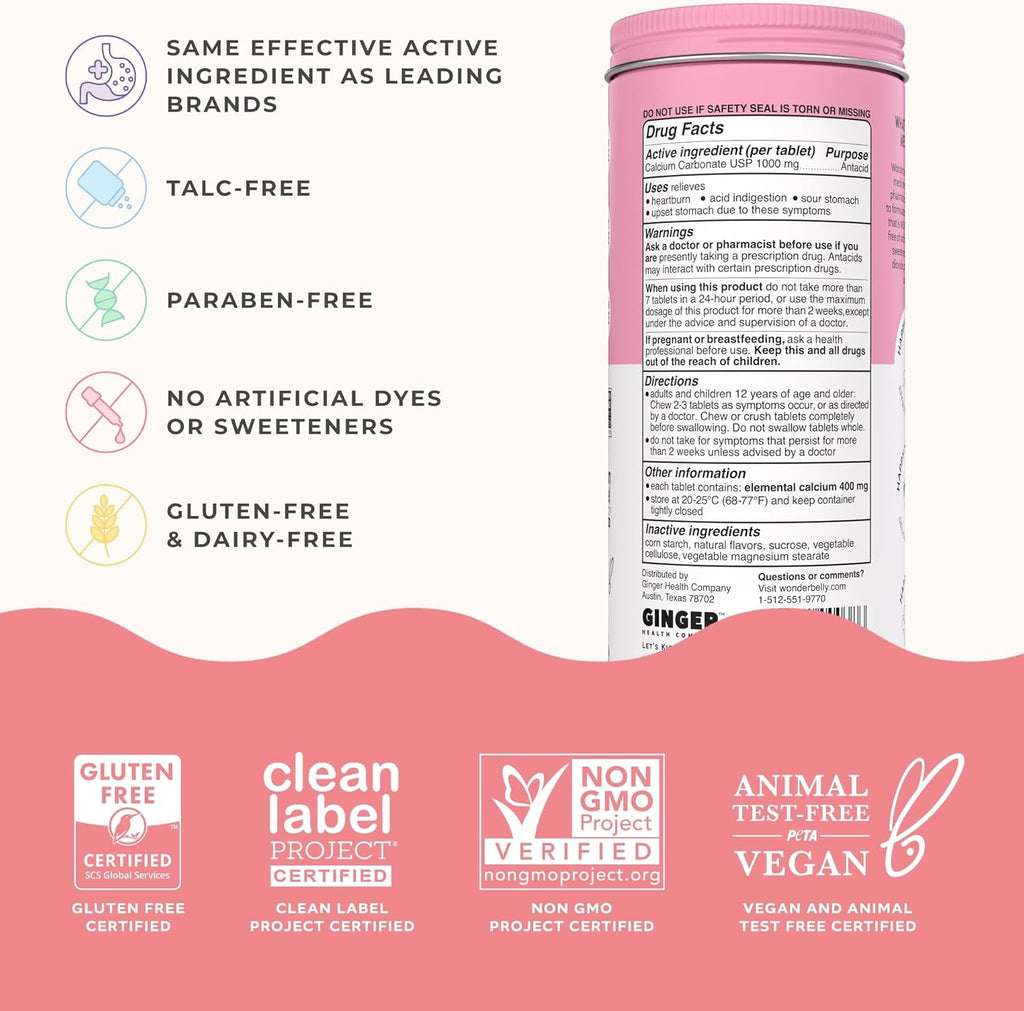 Wonderbelly Antacid, Effective Heartburn and Instant Acid Indigestion Relief, Extra Strength Chewable Tablets, 1000 mg Calcium Carbonate, No Talc or Dye, Strawberry Milkshake, 120 Count