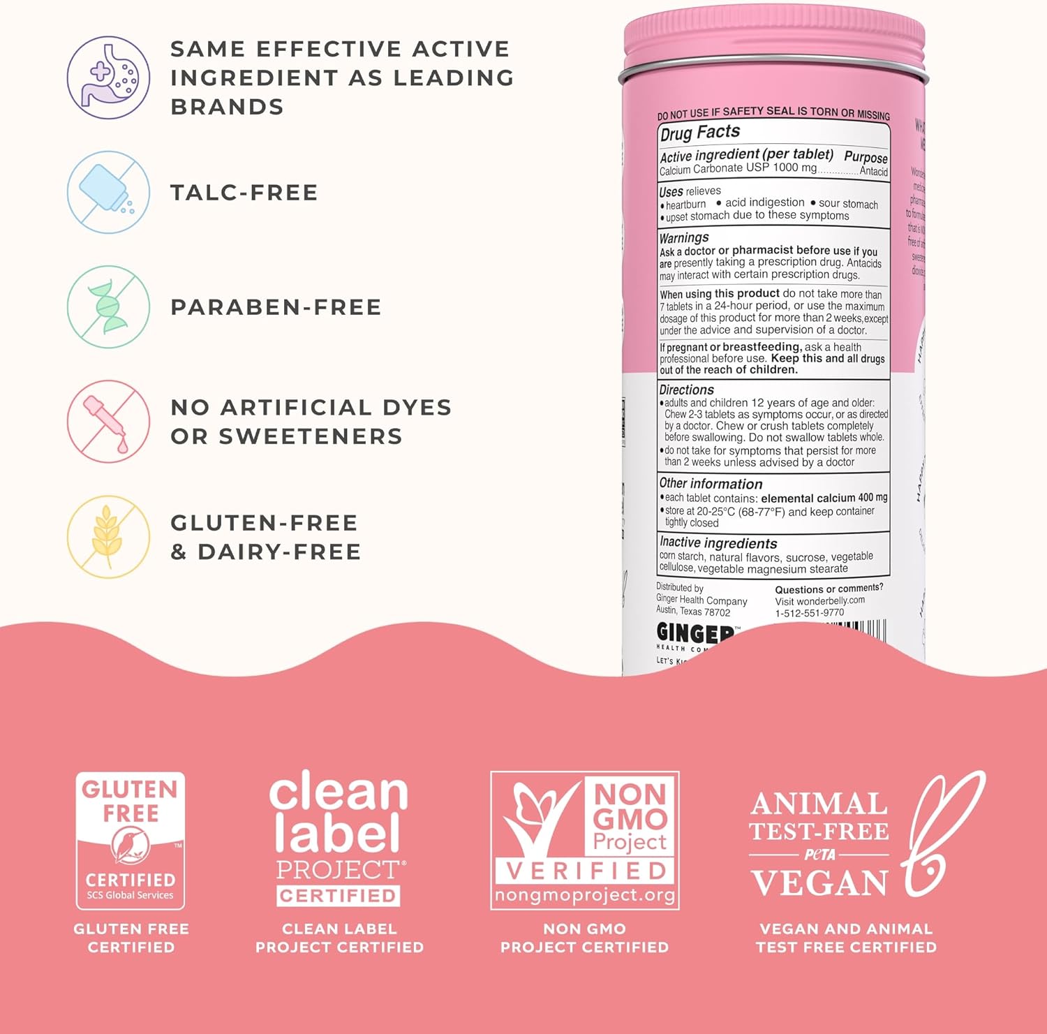 Wonderbelly Antacid, Effective Heartburn and Instant Acid Indigestion Relief, Extra Strength Chewable Tablets, 1000 mg Calcium Carbonate, No Talc or Dye, Strawberry Milkshake, 120 Count