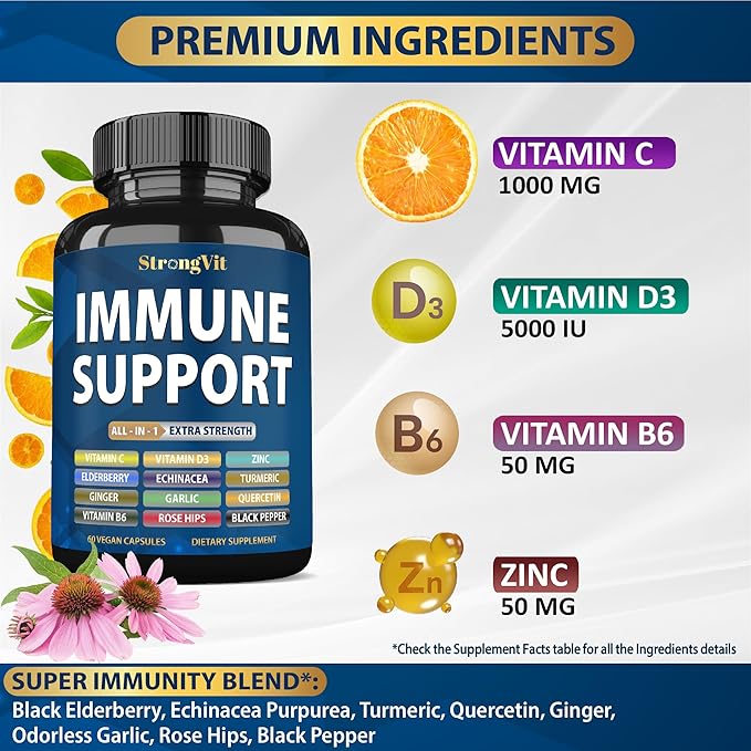 Immune Support Supplement 12 in 1 Complex with Vitamin C, D3, Zinc, Echinacea, Elderberry, Ginger, Turmeric. Immune Defend for Men & Women, Non-GMO, Gluten-Free, Vegan, USA