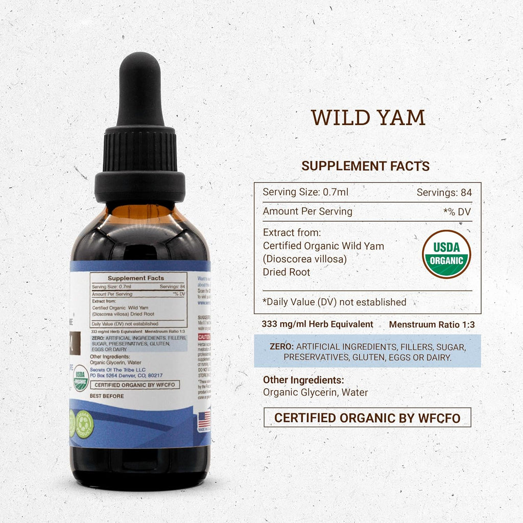 Secrets of the Tribe Wild Yam Alcohol-Free USDA Organic Tincture (Glycerite) 695 mg Responsibly farmed Wild Yam (Dioscorea Villosa) Dried Root (2 Fl Oz) Hormone Support Supplement