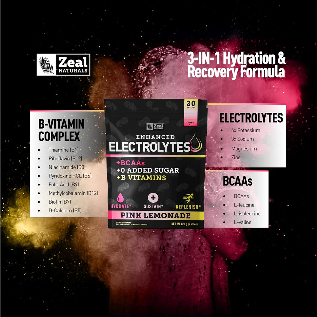 Zeal Naturals Enhanced Electrolyte Powder Stick Packs (Pink Lemonade - 20 Packets) Sugar Free + BCAA B-Vitamins & Pink Himalayan Salt - Keto Electrolytes, Hydration Powder