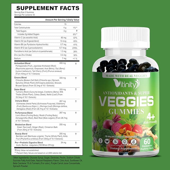 VITINITY Super Greens Multivitamin Gummies | Made with 30 Real Superfood Veggies, Herbs, Fruit for Adults & Kids to Boost Immunity, Skin & Gut Health | Non-GMO, Gluten-Free & Sugar-Free 30-Day Supply