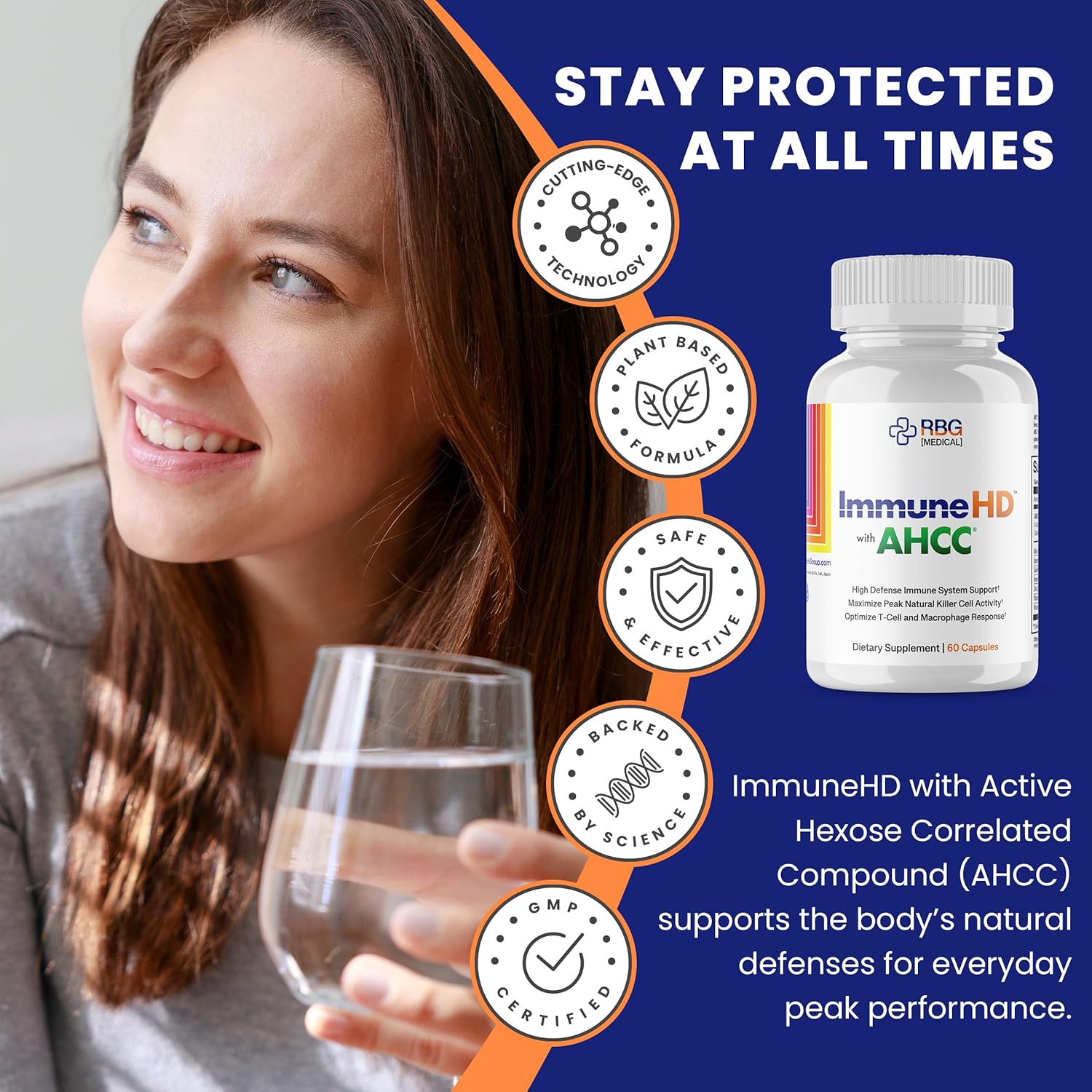 Immune HD with AHCC Supplement for Immune Support,1500mg of AHCC + Olive Leaf Extract & Quercetin with Bromelain, Maintains Natural Killer Cell Activity for Immune System, 60