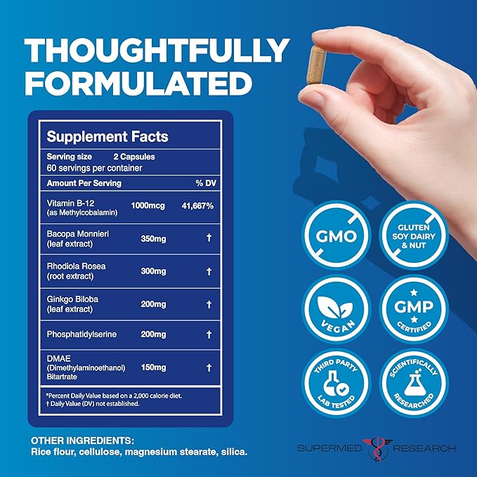 Mental Clarity & Focus Supplement with Bacopa, Rhodiola, Ginkgo Biloba, Huperzine, Vitamin B12, DMAE – Vegan Nootropic Brain Supplement for Memory and Brain Health (120 Capsules)