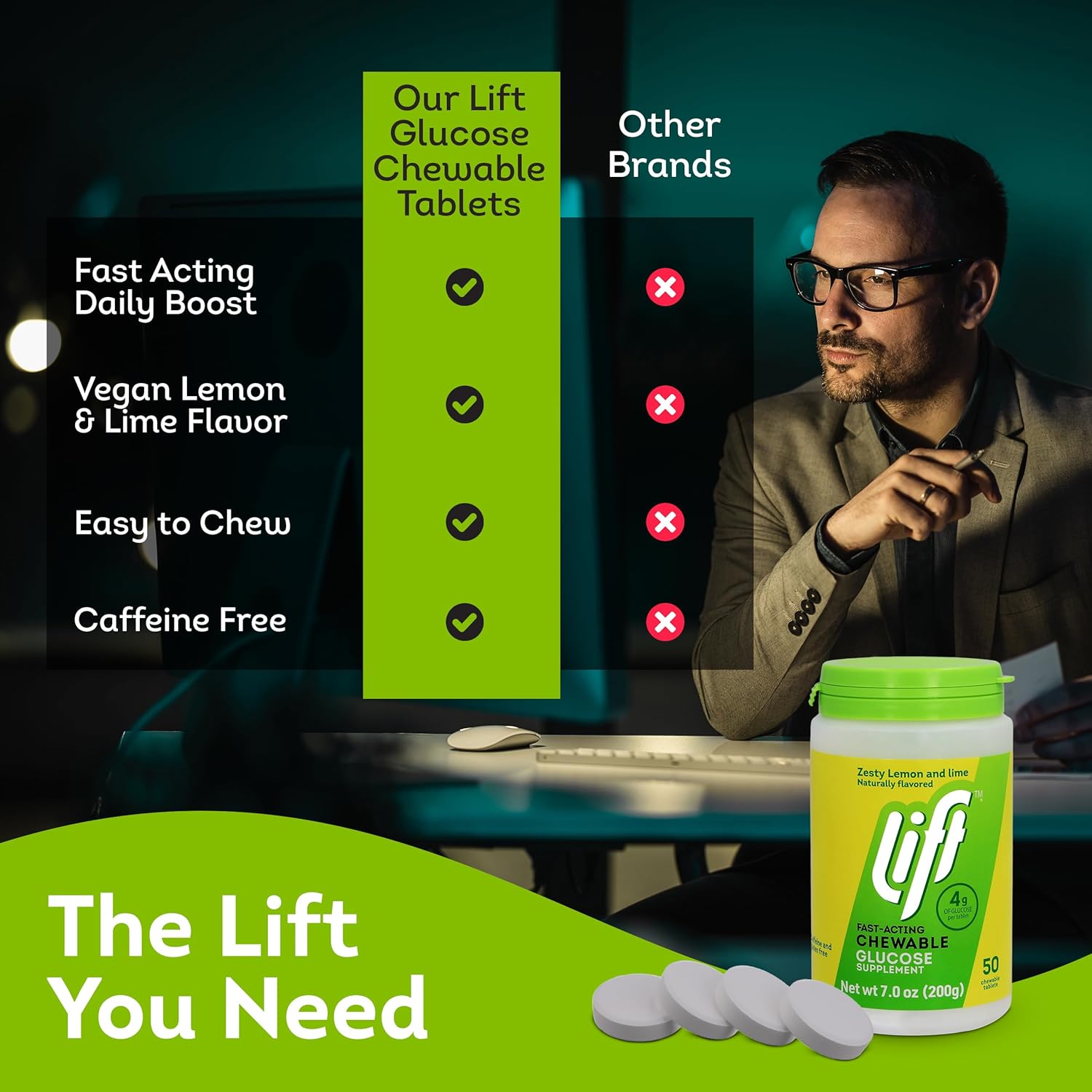 Lift Glucose Fast-Acting Glucose Chewable Energy Tablets, Lemon & Lime, 50 ct Jar (Pack of 6)