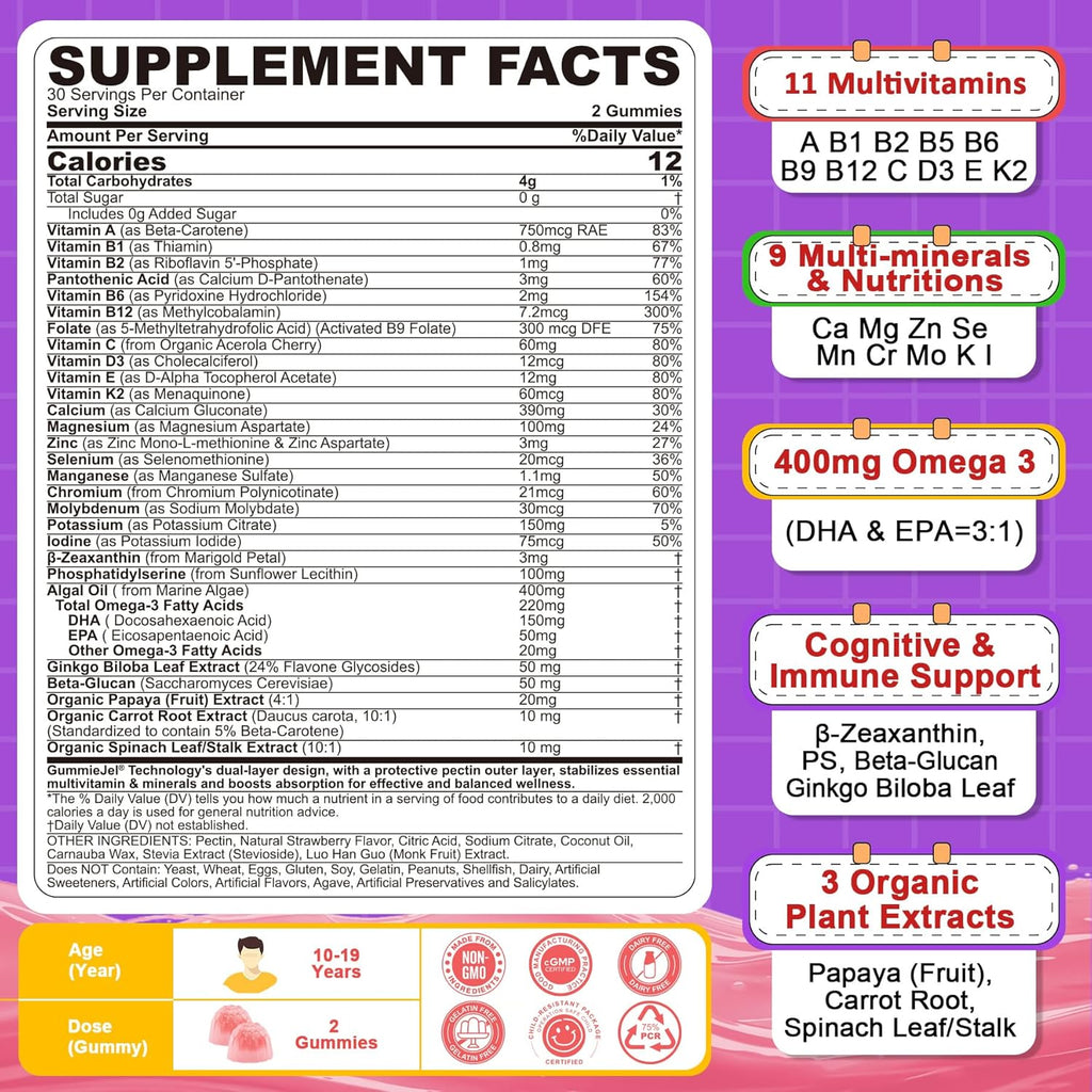 Multivitamin Filled Gummies for Teen Boys Girls 12-17, 18, 19, Kids 10+ Multivitamin with Omega 3, Calcium + Magnesium + Zinc, Multi-Minerals for Adolescent 10-19S Brain, Bone, Energy, Immune