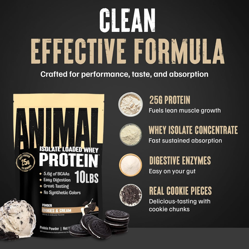 Animal Whey Isolate Protein Powder - Loaded for Pre & Post Workout Muscle Builder and Recovery with Digestive Enzymes for Men & Women - 25g Protein, Great Taste, Low Sugar - Cookies & Cream 10 lbs