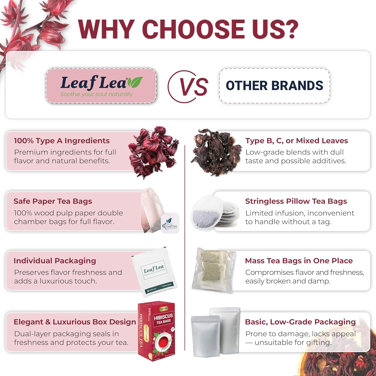 LeafLea 120 Hibiscus Tea Bags, 100% Pure Natural Hibiscus Flowers Herbal Tea, Natural Red Hibiscus Flower Tea, Te de Hibisco, Caffeine-Free, No Sugar, Vegan, Non-GMO, Rich in Flavor & Color, Pack of 3