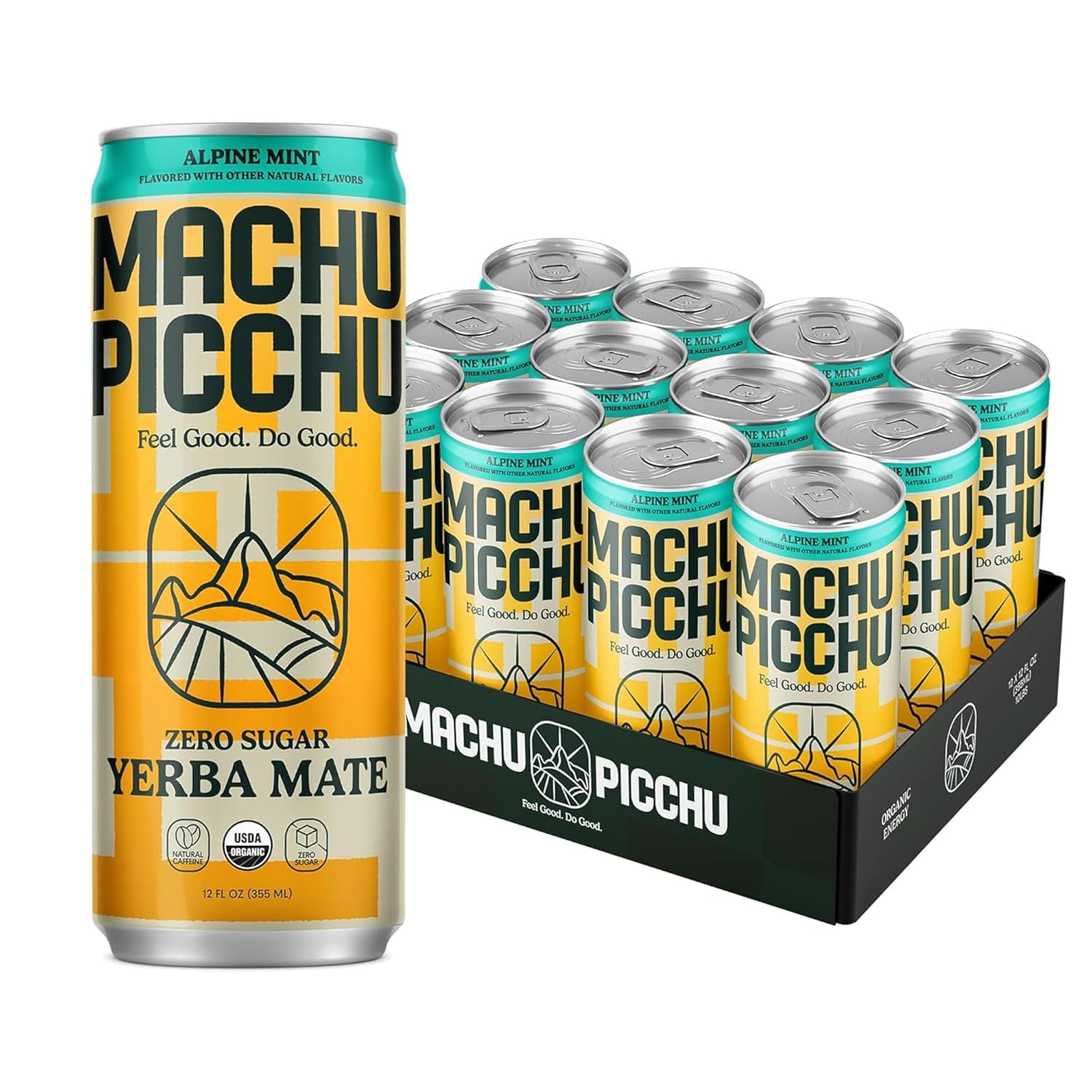 MACHU PICCHU ENERGY, Non-Carbonated Zero Sugar Yerba Mate, Clean Energy Drink Alternative, 12oz (Pack of 12) – 120mg Organic Green Coffee Bean Caffeine, Low Calorie, USDA Organic, No Artificial Flavors (Alpine Mint)