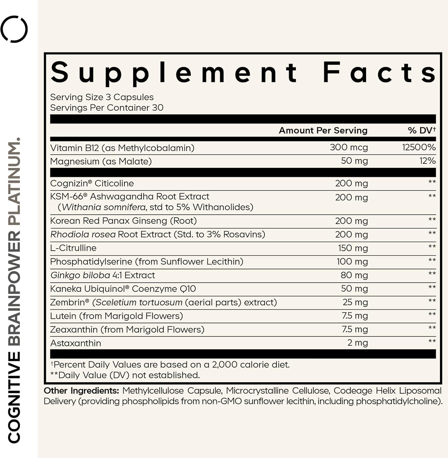 Codeage Cognitive Brainpower Platinum Supplement - Cognizin Citicoline, KSM-66 Ashwagandha, Panax Ginseng, Rhodiola, Phosphatidylserine, Ginkgo, Ubiquinol CoQ10, Liposomal - Non-GMO - 90 Capsules