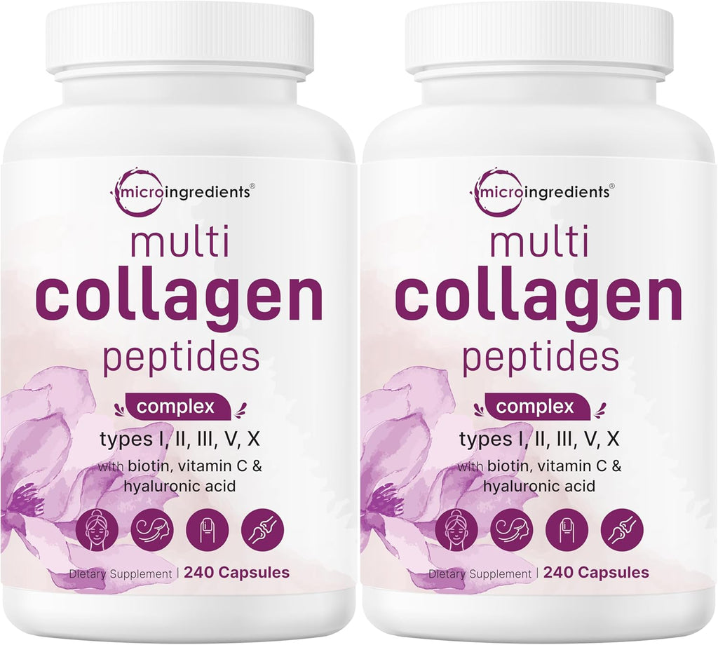 Micro Ingredients 2 Pack Multi Collagen Pills for Women & Men, 480 Capsules | Type I, II, III, V, X | Hydrolyzed Peptides with Biotin, Hyaluronic Acid, & Fat Soluble Vitamin C Complex | Filler Free