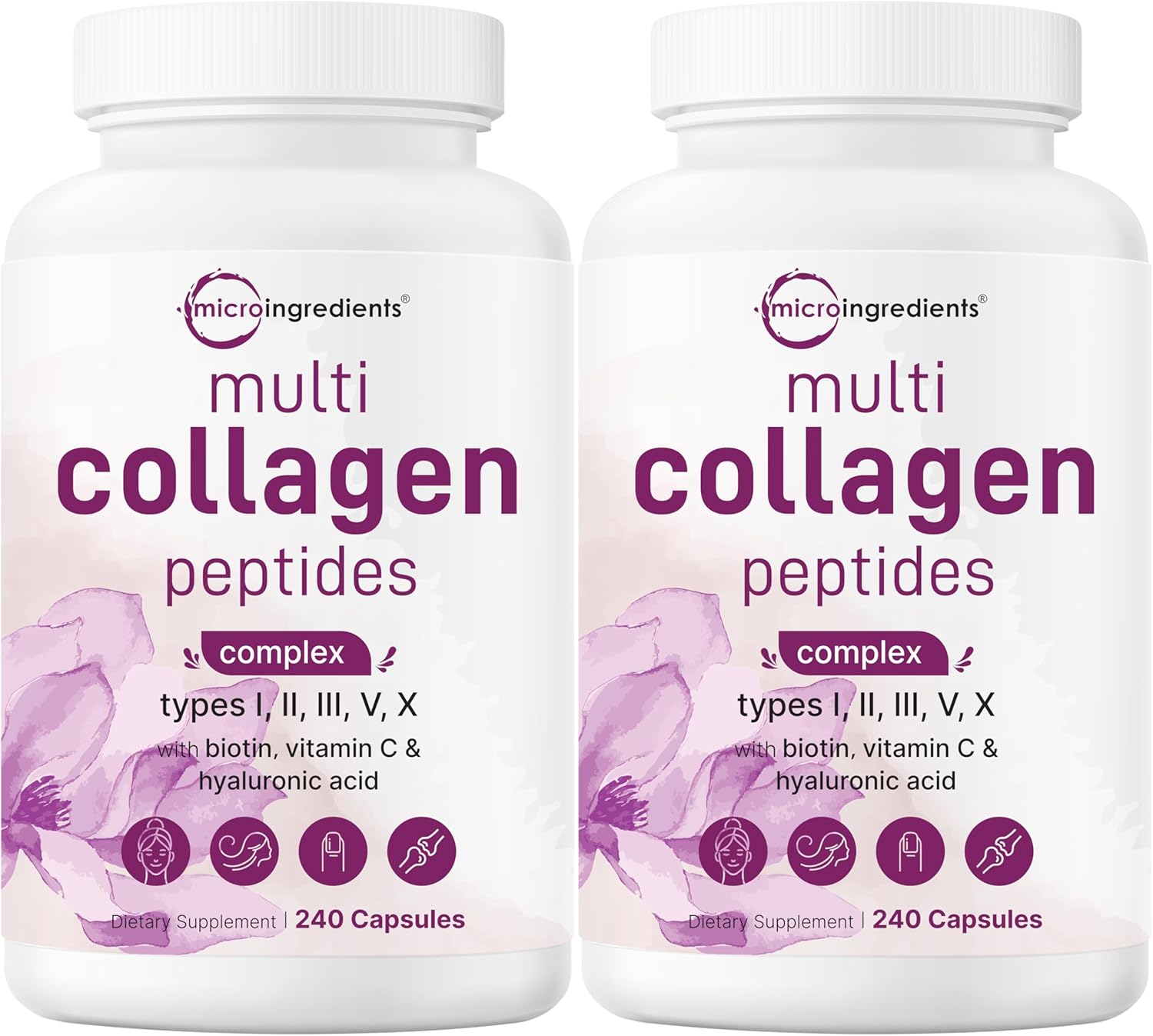 Micro Ingredients 2 Pack Multi Collagen Pills for Women & Men, 480 Capsules | Type I, II, III, V, X | Hydrolyzed Peptides with Biotin, Hyaluronic Acid, & Fat Soluble Vitamin C Complex | Filler Free
