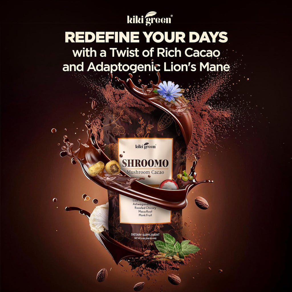 Shroomo Mushroom Coffee Alternative - Master Blend of Lion's Mane, Ashwagandha, Maca Root, Roasted Chicory, Monk Fruit For Mental Clarity, Energy, Focus - Cacao Hot Chocolate Drink 8 oz by KIKI Green