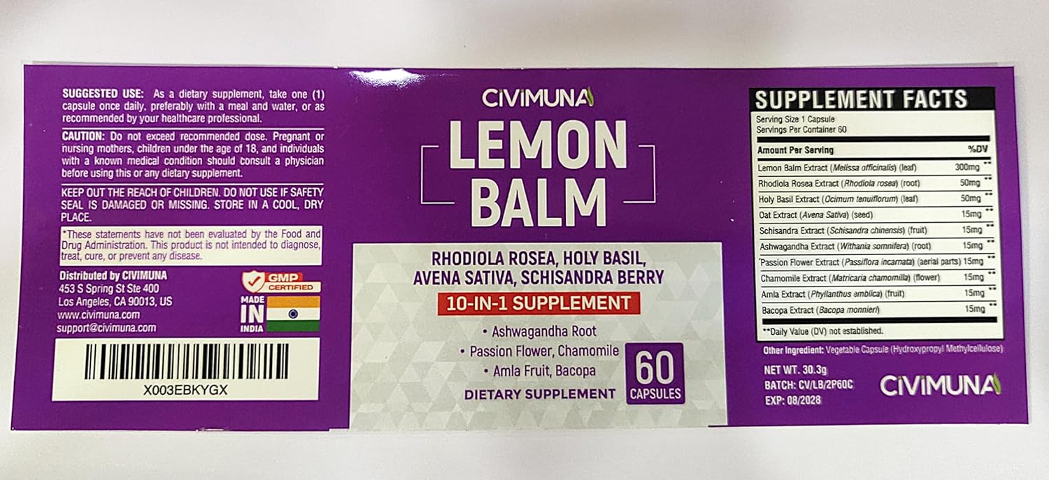 Lemon Balm Capsules with Lemon Balm, Rhodiola Rosea, Holy Basil and More - 120 Capsules 4 Months Supply (Pack of 2)