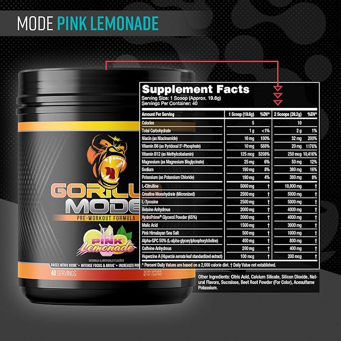Gorilla Mode Pre Workout - Massive Pumps Laser Focus Energy Power - L-Citrulline, Creatine, L-Tyrosine, Betaine, Hydroprime, Alpha-GPC, 400mg Caffeine, Huperzine A - 784g (Pink Lemonade)