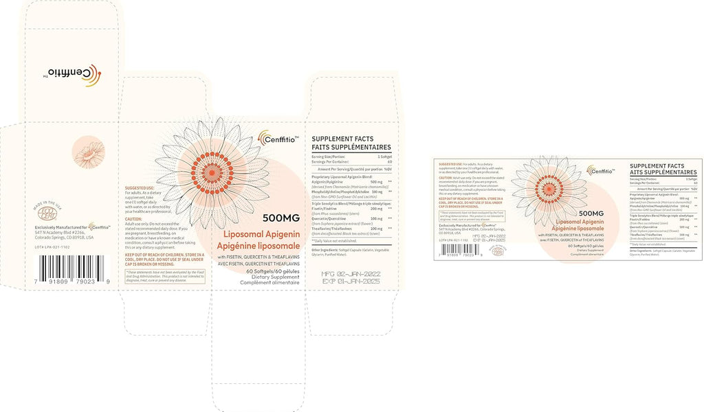 Liposomal apigenin 500mg Softgels - Optimal Apigenin Supplement with Fisetin, Quercetin and Theaflavins - 4 Month Supply