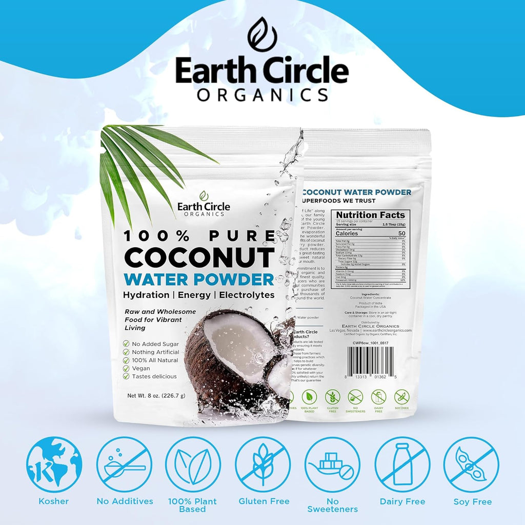 Earth Circle Organics Pure Coconut Water Powder | Coconut Electrolyte Powder for Energy and Hydration Supplement | No Additives | Unsweetened | Vegan | Keto | Gluten Free - 8oz (Pack of 2)