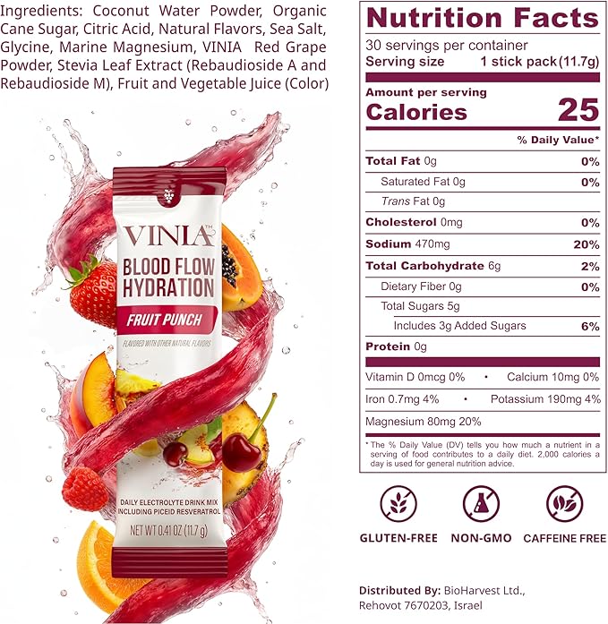 VINIA Resveratrol Electrolyte Hydration Powder Mix, Fruit Punch | Boost Blood Flow & Circulation | Sea Salt, Coconut Water Potassium, Magnesium, Informed Sport Certified, 30 Sticks
