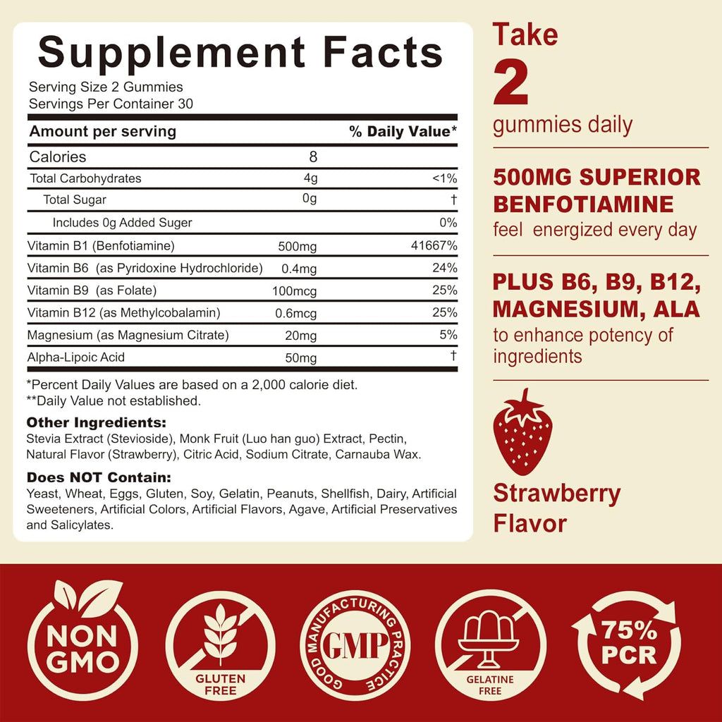Vitamin B1 Gummies - Benfotiamine 500mg, Vitamin B1 B6 B12 Complex, Sugar Free, Non GMO, Vegan, 60 Counts