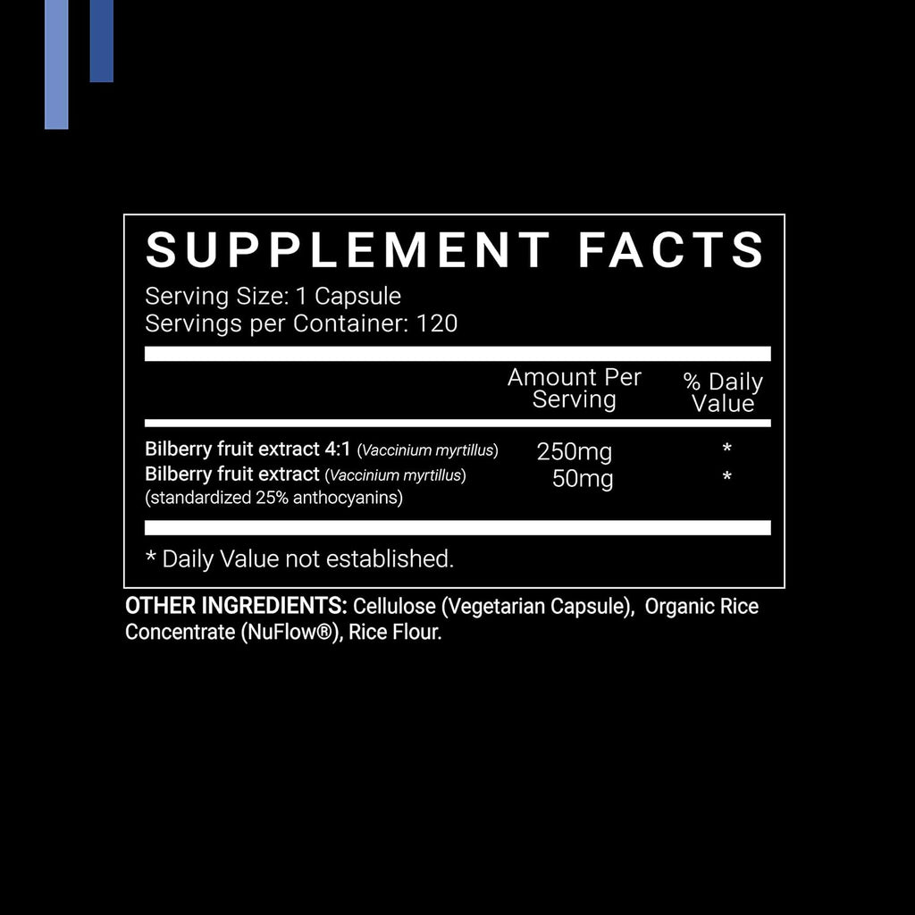 Bilberry Extract 1000mg, 25% Anthocyanins 50mg - 120 Count (V-Capsules) / 120 Servings; European Blueberry: Manufactured in a cGMP-Registered Facility in USA; Vegan & Gluten Free