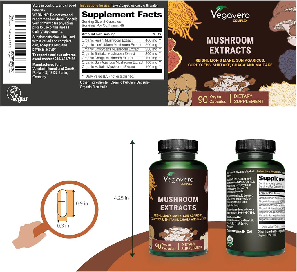 Organic Mushroom Supplement | 11,800mg | Lion Mane, Reishi, Cordyceps | Nootropic + Natural Immune Support | 90 Capsules