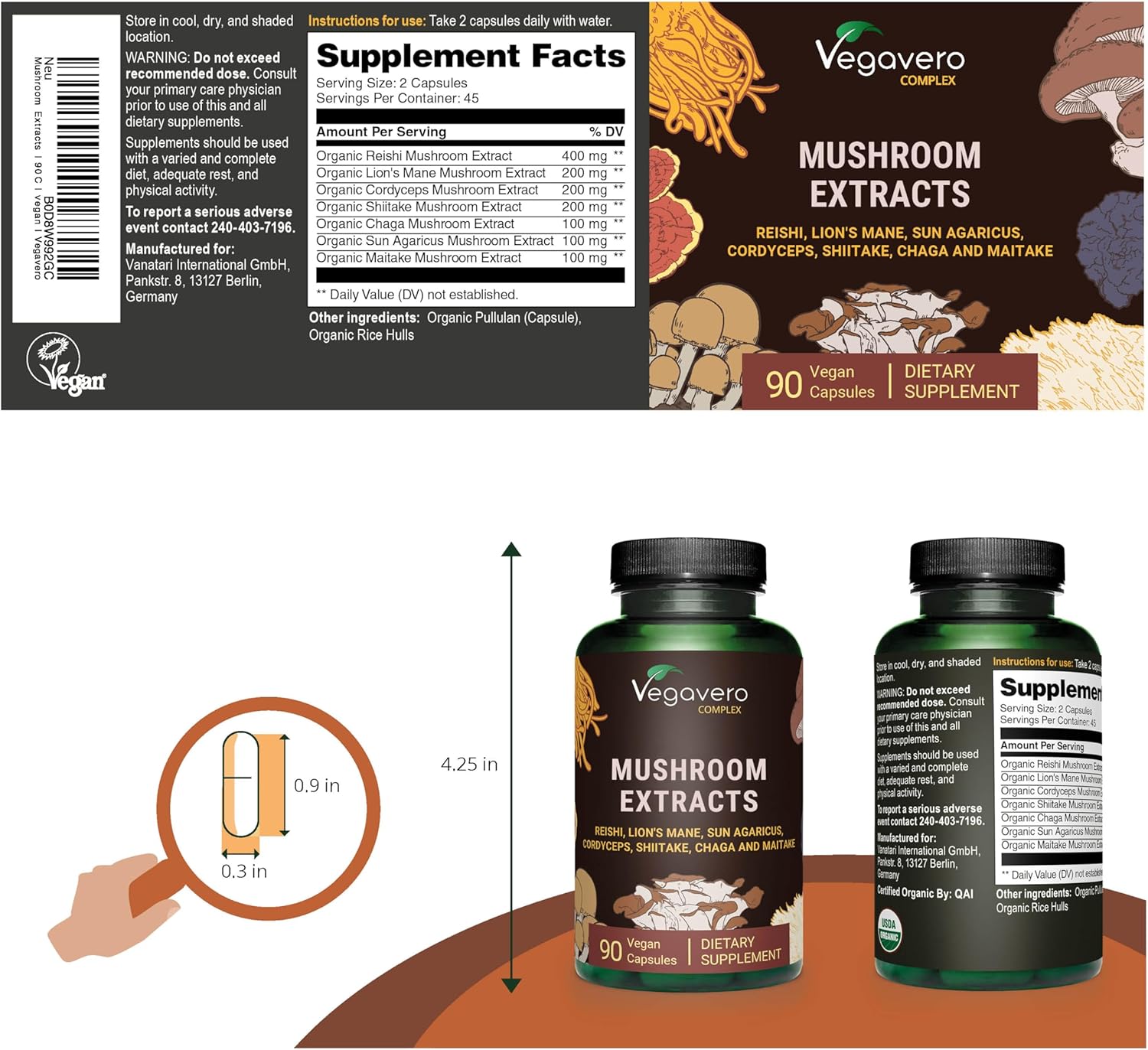 Organic Mushroom Supplement | 11,800mg | Lion Mane, Reishi, Cordyceps | Nootropic + Natural Immune Support | 90 Capsules
