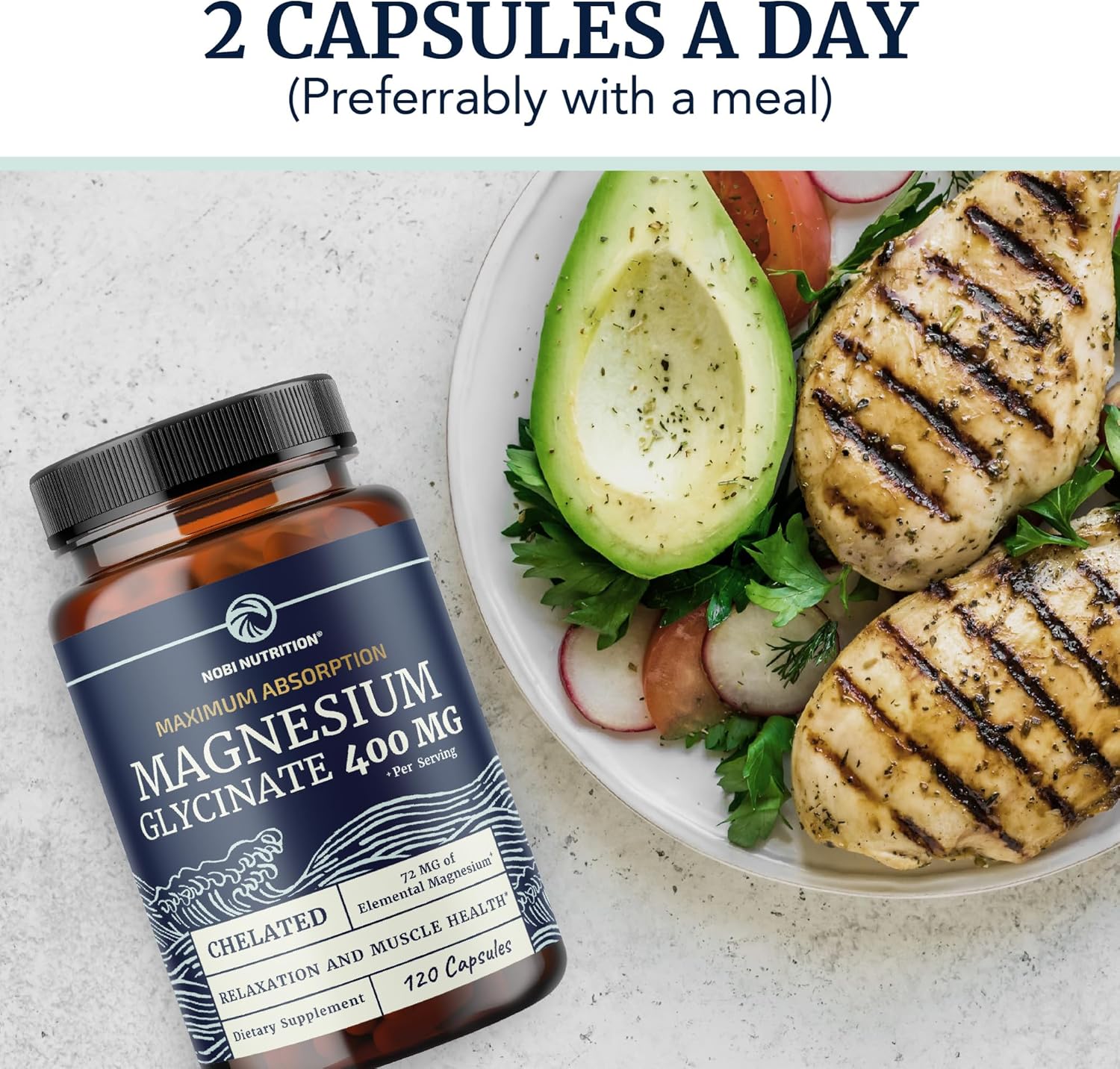 Magnesium Glycinate 400mg | High Absorption Formula for Sleep, Calm, Muscle Relaxation, Heart, Bone & Nerve Support for Women & Men | Chelated Magnesium Glycinate Supplement | 120 Ct (2 Month Supply)