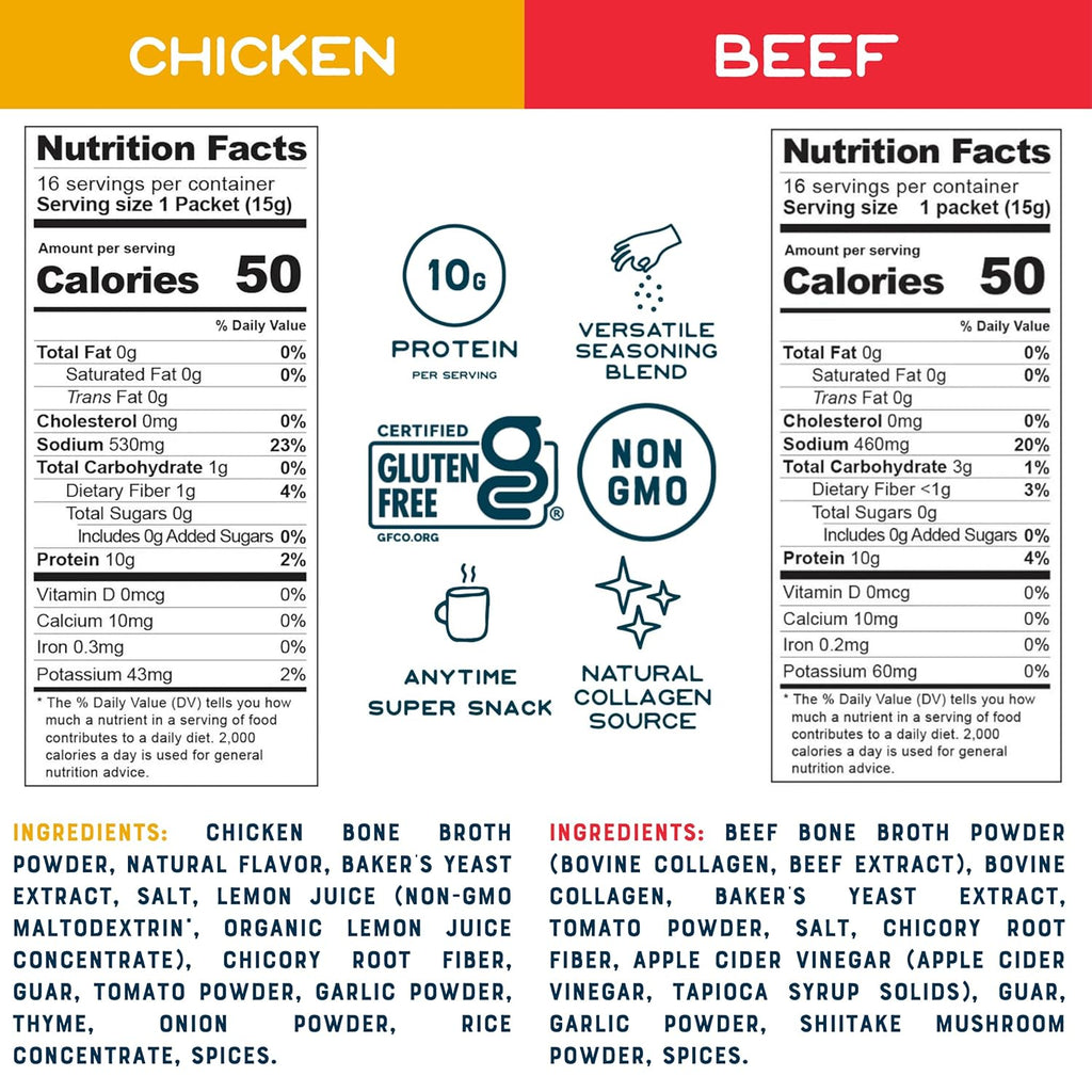 Bare Bones Bone Broth Instant Powdered Beverage Mix, Chicken & Beef, Variety Pack of 32, 16 Chicken & 16 Beef - 15g Sticks, 10g Protein, Keto & Paleo Friendly